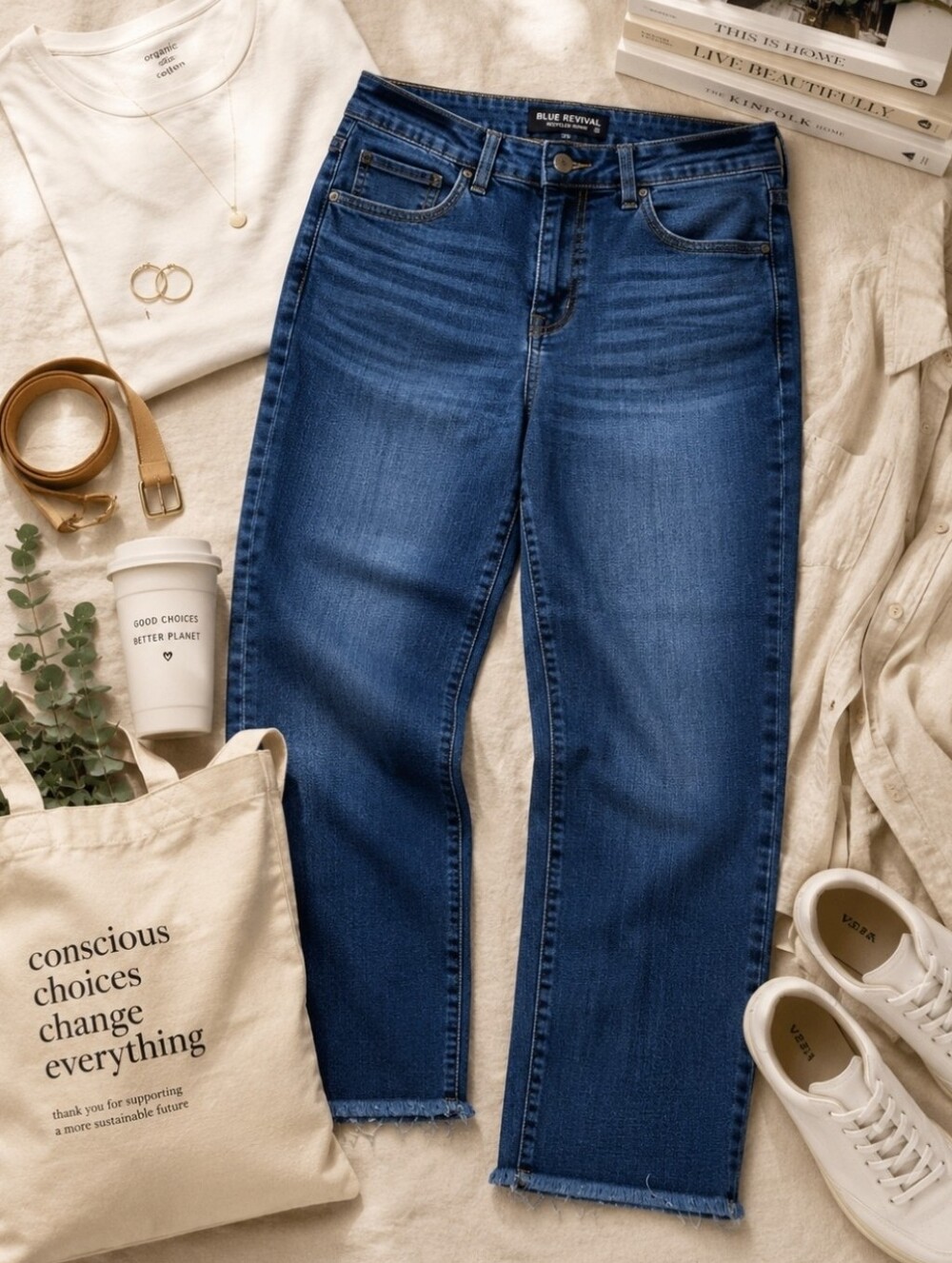 Blue Revival Recycled Denim Jeans Size 30 Cropped Straight Leg Raw Hem Stretch